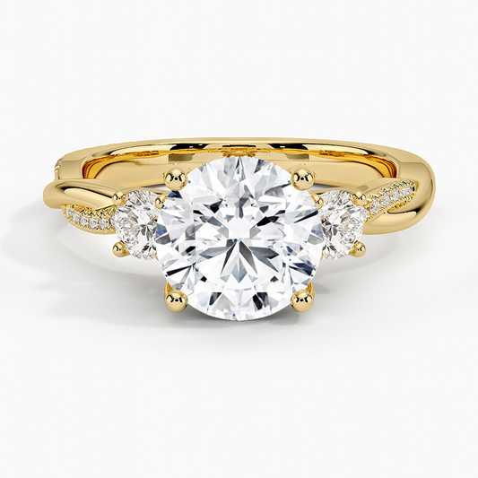Adorned Petite Twisted Vine Three Stone Diamond Ring - Round Cut Center Stone