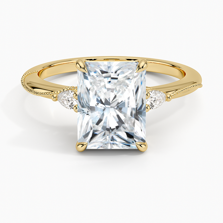 Camellia Three Stone Pear Diamond Ring - Radiant Cut Center Stone