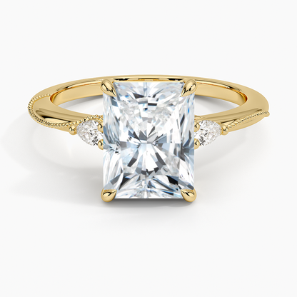 Camellia Three Stone Pear Diamond Ring - Radiant Cut Center Stone