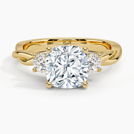Twisted Vine Three Stone Diamond Ring - Cushion Cut Center Stone