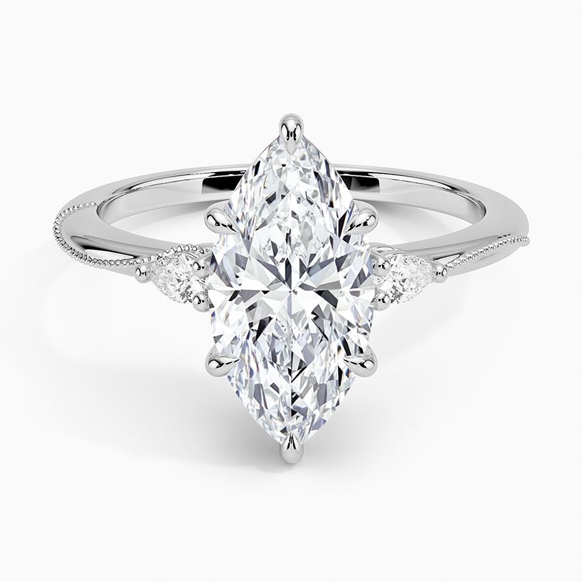 Camellia Three Stone Pear Diamond Ring - Marquise Center Stone