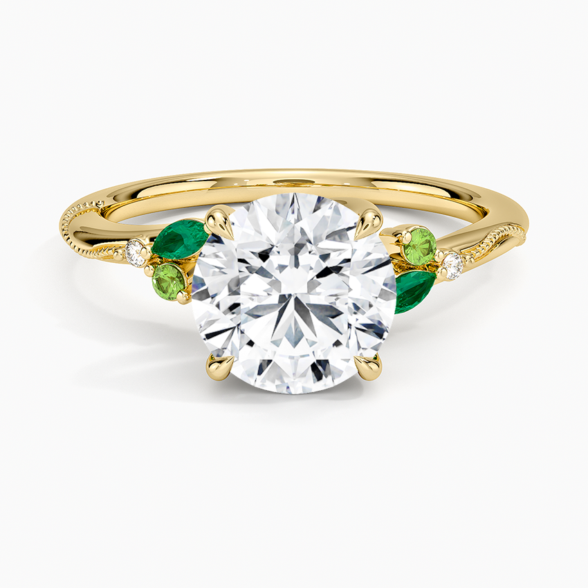 Camellia Milgrain Green Gemstone and Diamond Ring - Round Cut Center Stone