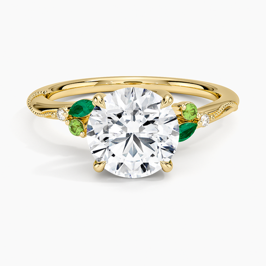 Camellia Milgrain Green Gemstone and Diamond Ring - Round Cut Center Stone