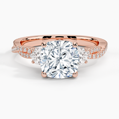 Luxe Three Stone Petite Twisted Vine Diamond Ring - Cushion Cut Center Stone
