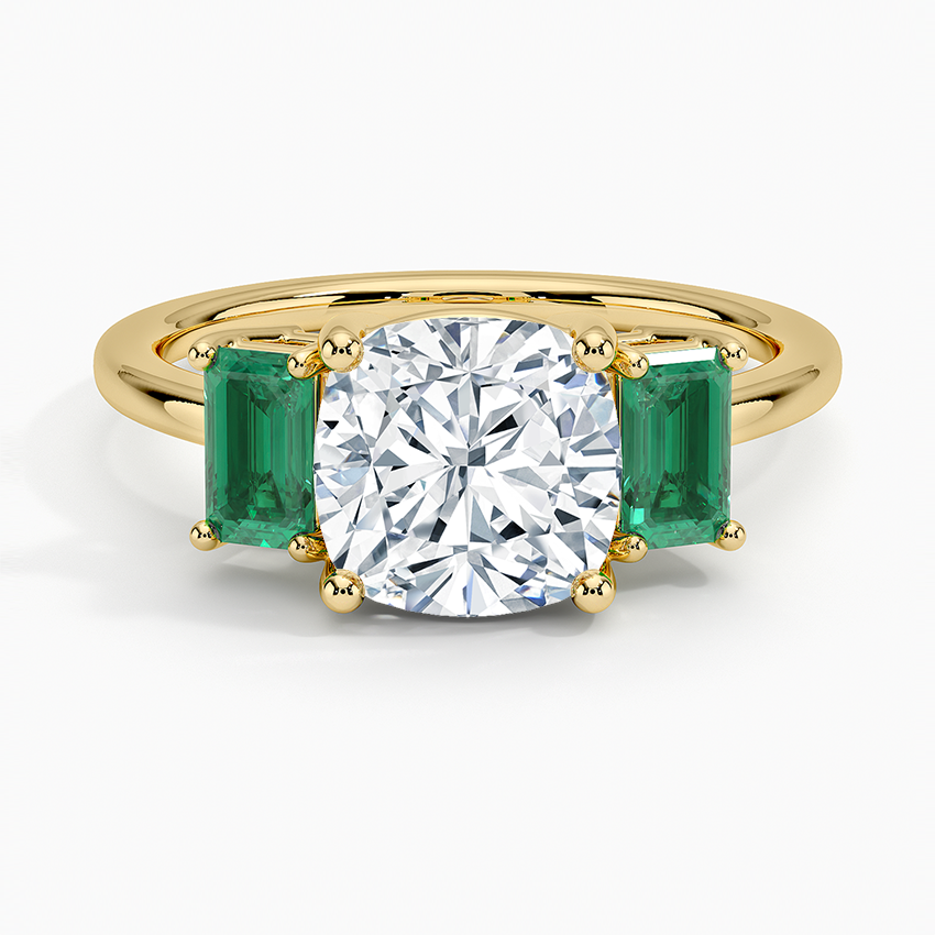 Luxe Rhiannon Three Stone Lab Emerald Ring - Cushion Cut Center Stone