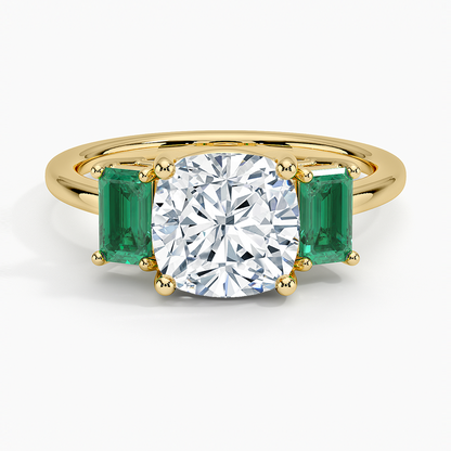 Luxe Rhiannon Three Stone Lab Emerald Ring - Cushion Cut Center Stone