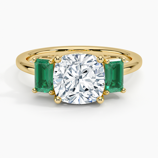 Luxe Rhiannon Three Stone Lab Emerald Ring - Cushion Cut Center Stone