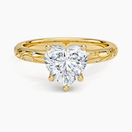 Verdure Engraved Diamond Solitaire Ring - Heart Center Stone