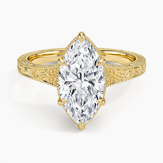 Tapered Elsie Engraved Solitaire Ring - Marquise Center Stone