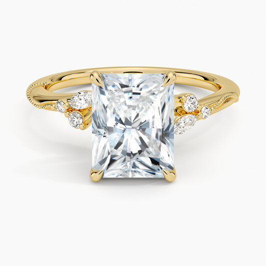 Camellia Milgrain Diamond Ring - Radiant Cut Center Stone