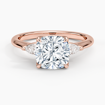 Petite Fleur Three Stone Diamond Ring - Cushion Cut Center Stone