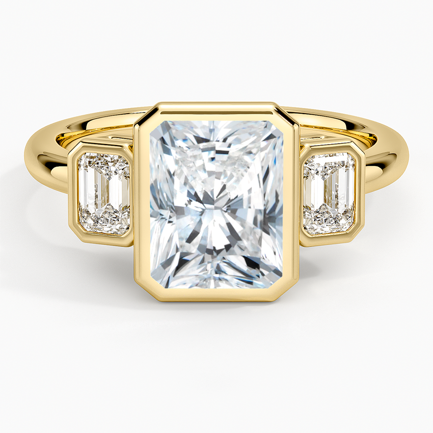 Rhiannon Bezel Three Stone Diamond Ring - Radiant Cut Center Stone