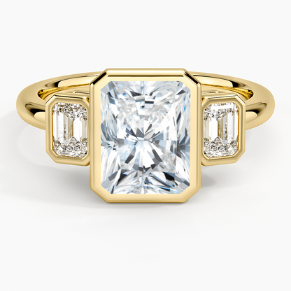 Rhiannon Bezel Three Stone Diamond Ring - Radiant Cut Center Stone