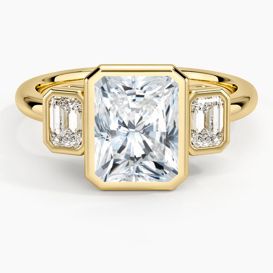 Rhiannon Bezel Three Stone Diamond Ring - Radiant Cut Center Stone