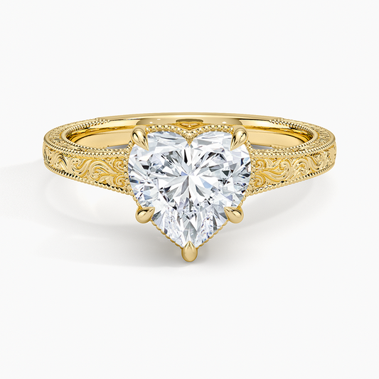 Tapered Elsie Engraved Solitaire Ring - Heart Center Stone