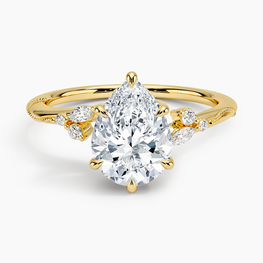 Camellia Milgrain Diamond Ring - Pear Center Stone