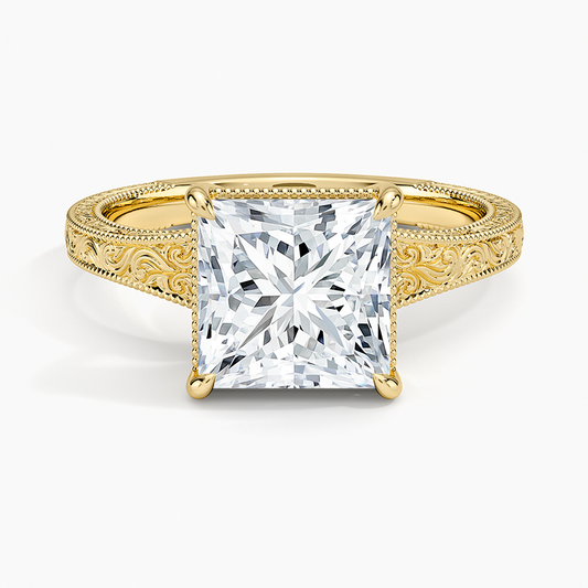 Tapered Elsie Engraved Solitaire Ring - Princess Cut Center Stone