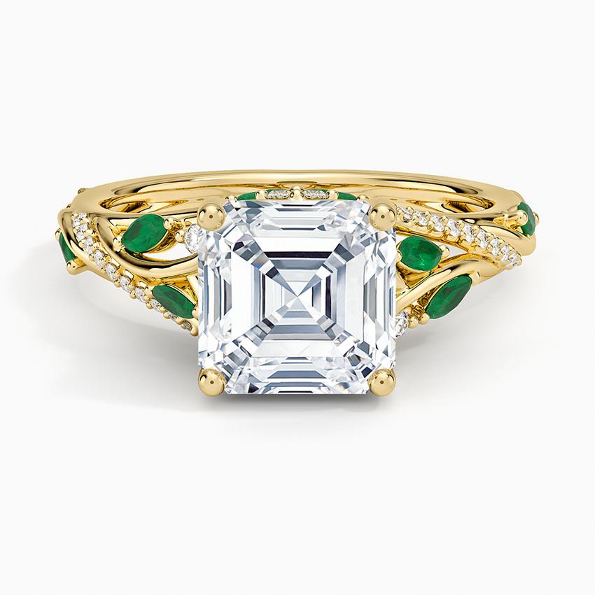 Begonia Vine Diamond and Lab Emerald Ring (1/8 ct. tw.) - Asscher Cut Center Stone