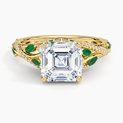 Begonia Vine Diamond and Lab Emerald Ring (1/8 ct. tw.) - Asscher Cut Center Stone