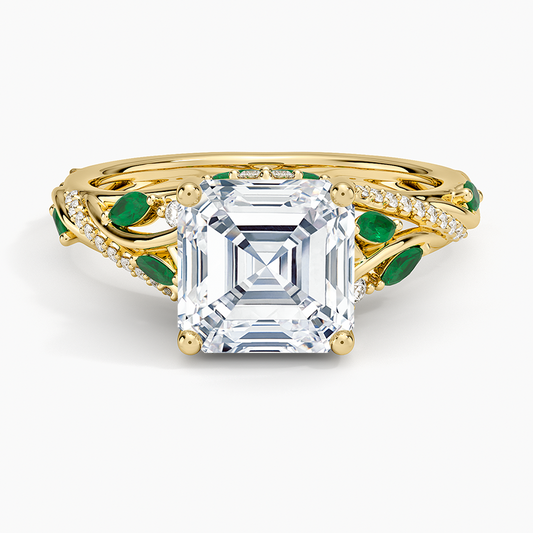 Begonia Vine Diamond and Lab Emerald Ring (1/8 ct. tw.) - Asscher Cut Center Stone