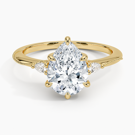 Camellia Three Stone Pear Diamond Ring - Pear Center Stone