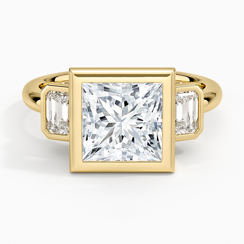 Rhiannon Bezel Three Stone Diamond Ring - Princess Cut Center Stone