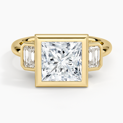 Rhiannon Bezel Three Stone Diamond Ring - Princess Cut Center Stone