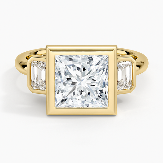 Rhiannon Bezel Three Stone Diamond Ring - Princess Cut Center Stone