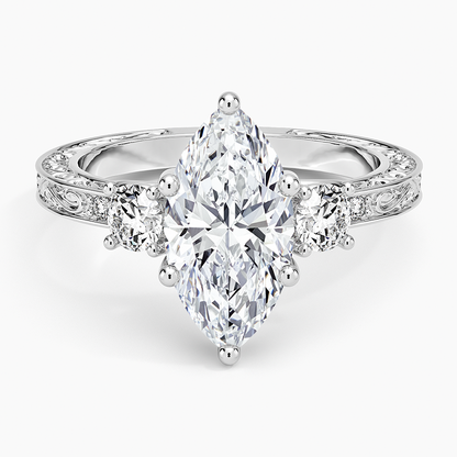 Antique Scroll Engraved Three Stone Diamond Ring (1/3 ct. tw.) - Marquise Center Stone
