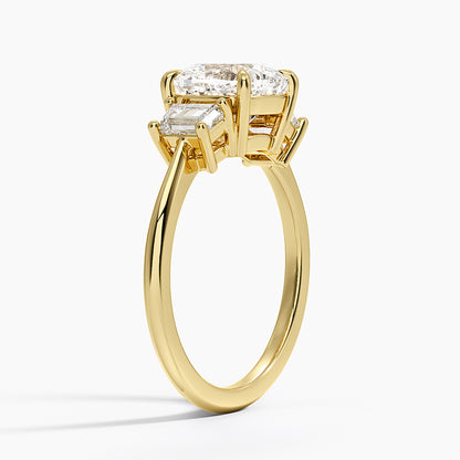 Embrace Three Stone Trapezoid Diamond Ring - Cushion Cut Center Stone