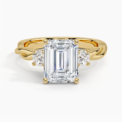 Twisted Vine Three Stone Diamond Ring - Emerald Cut Center Stone