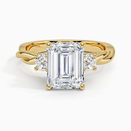 Twisted Vine Three Stone Diamond Ring - Emerald Cut Center Stone