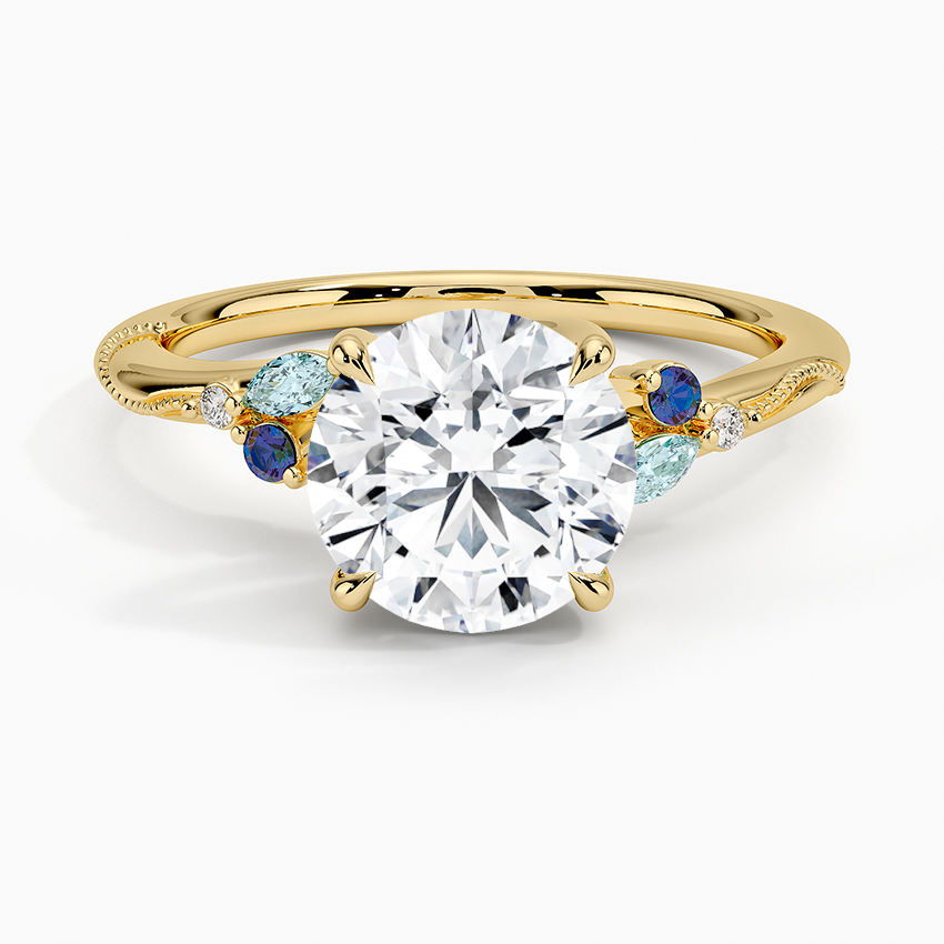 Camellia Indigo Milgrain Ring - Round Cut Center Stone