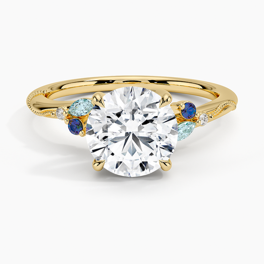 Camellia Indigo Milgrain Ring - Round Cut Center Stone