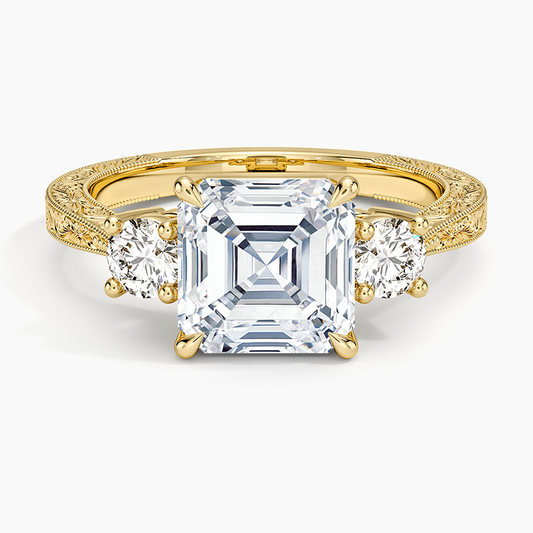 Elsie Three Stone Engraved Diamond Ring (1/3 ct. tw.) - Asscher Cut Center Stone
