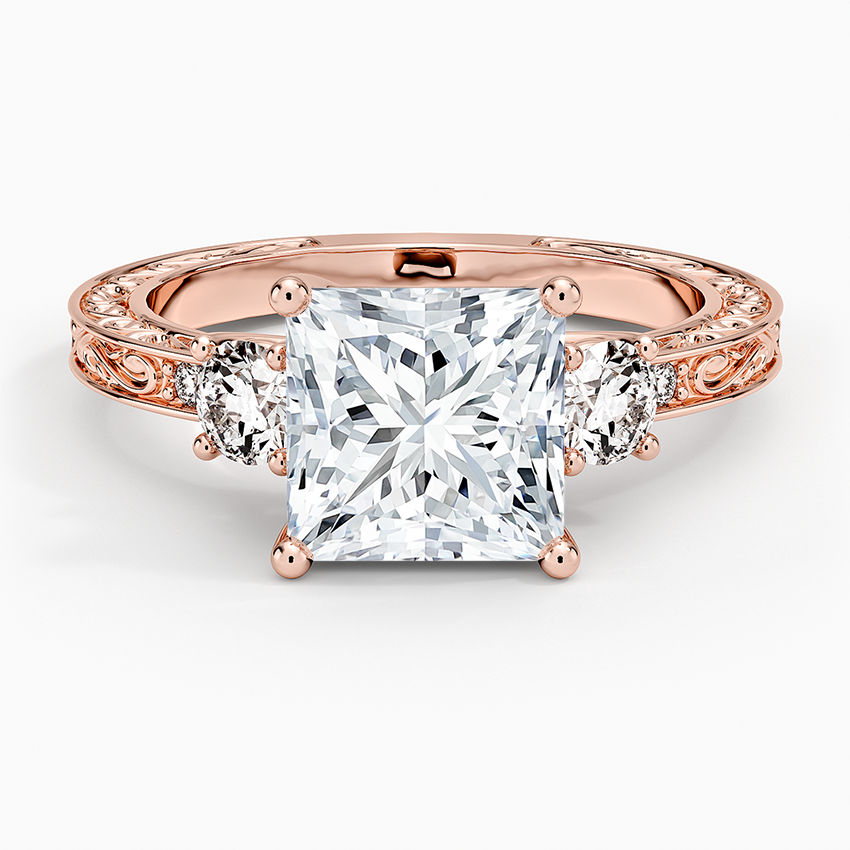 Antique Scroll Engraved Three Stone Diamond Ring (1/3 ct. tw.) - Princess Cut Center Stone