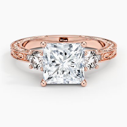 Antique Scroll Engraved Three Stone Diamond Ring (1/3 ct. tw.) - Princess Cut Center Stone