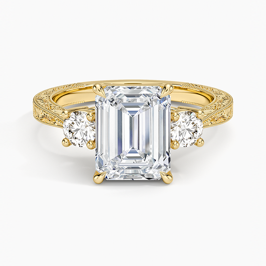 Elsie Three Stone Engraved Diamond Ring (1/3 ct. tw.) - Emerald Cut Center Stone