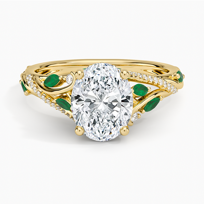 Begonia Vine Diamond and Lab Emerald Ring (1/8 ct. tw.) - Oval Cut Center Stone