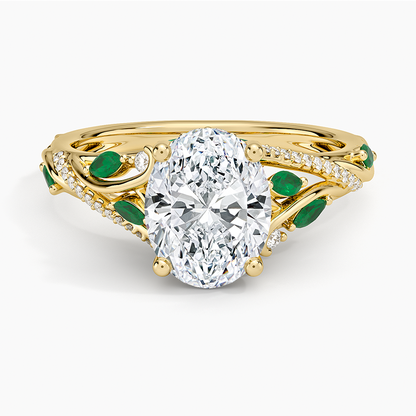 Begonia Vine Diamond and Lab Emerald Ring (1/8 ct. tw.) - Oval Cut Center Stone