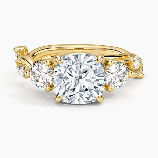 Vintage Secret Garden Three Stone Diamond Ring - Cushion Cut Center Stone