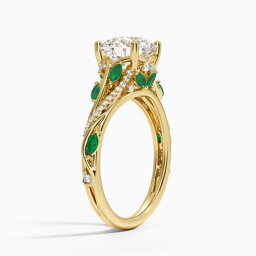 Begonia Vine Diamond and Lab Emerald Ring (1/8 ct. tw.) - Round Cut Center Stone