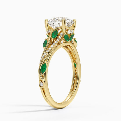 Begonia Vine Diamond and Lab Emerald Ring (1/8 ct. tw.) - Round Cut Center Stone