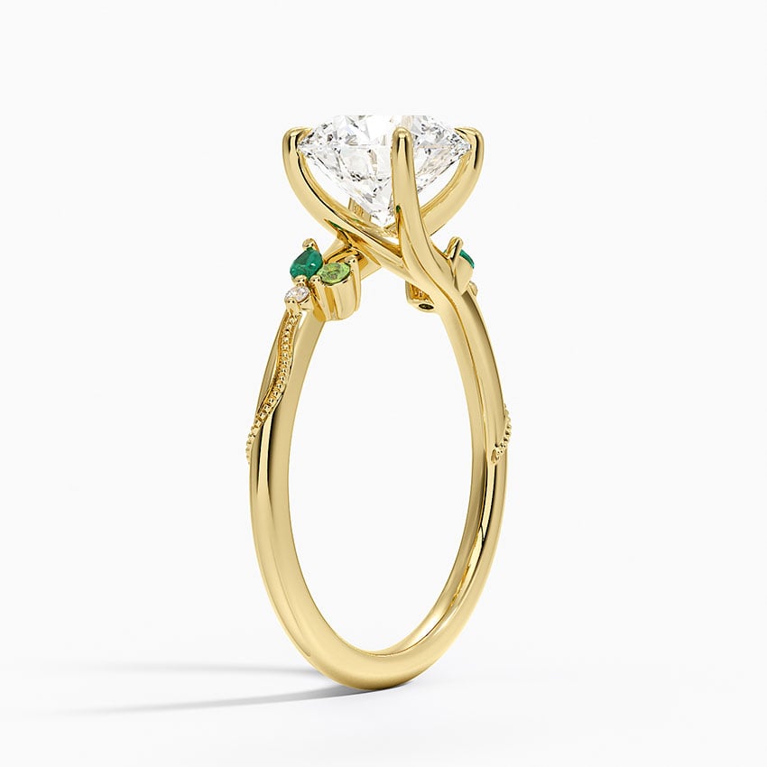Camellia Milgrain Green Gemstone and Diamond Ring - Round Cut Center Stone