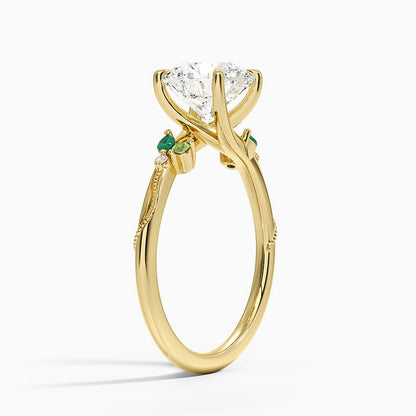 Camellia Milgrain Green Gemstone and Diamond Ring - Round Cut Center Stone