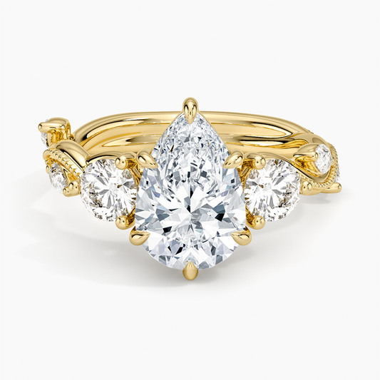 Vintage Secret Garden Three Stone Diamond Ring - Pear Center Stone