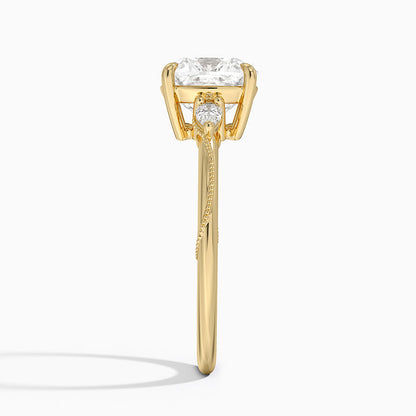 Camellia Three Stone Pear Diamond Ring - Cushion Cut Center Stone