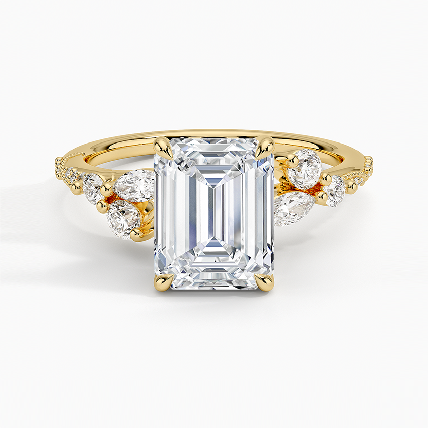 Luxe Camellia Milgrain Diamond Ring - Emerald Cut Center Stone