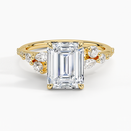 Luxe Camellia Milgrain Diamond Ring - Emerald Cut Center Stone