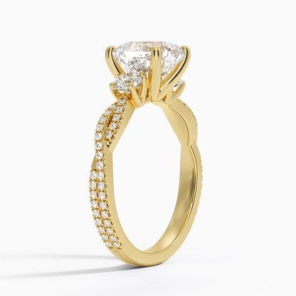 Luxe Three Stone Petite Twisted Vine Diamond Ring - Cushion Cut Center Stone
